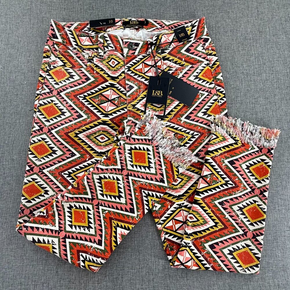NEW Lucky & Blessed Ankle Skinny.Pants Aztec Design‎ Size 10 Frayed Hem Mid Rise
